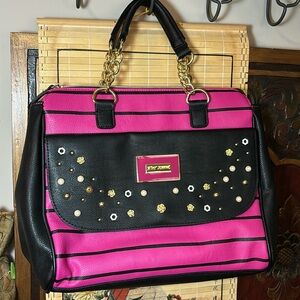 Betsey Johnson Studs and Flowers Black Hot Pink Striped Bag 11.5”Wx10”Hx5.75”D
